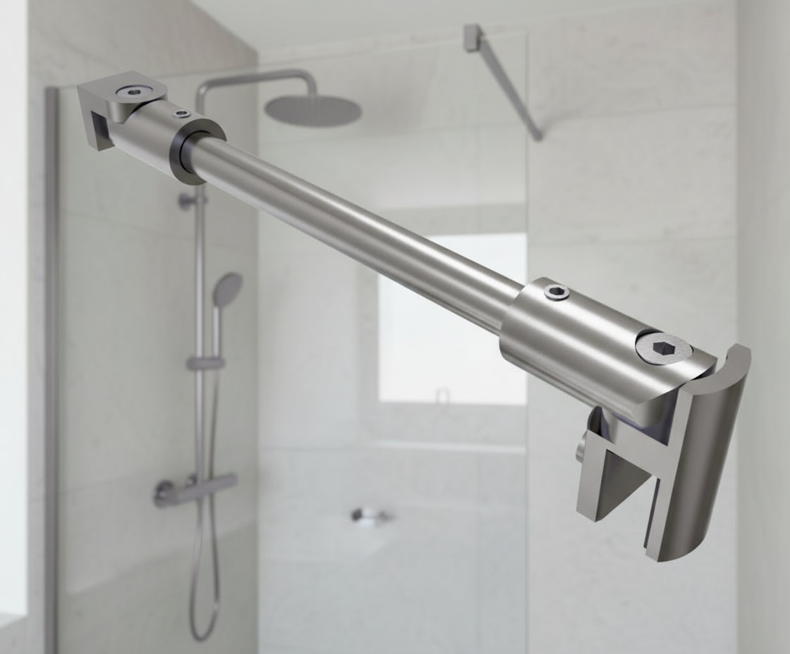 Stabistangen-Set rund, Farbe: Edelstahl, Glas-Wand, flexibel einstellbar, 12 mm Rohr, Art.Nr. S1212SET