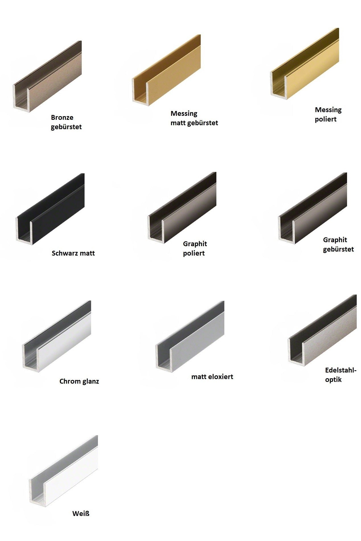 Alu U-Profil SDCD3812 – Silikonverklebung Glasscheibe, 13 Farben