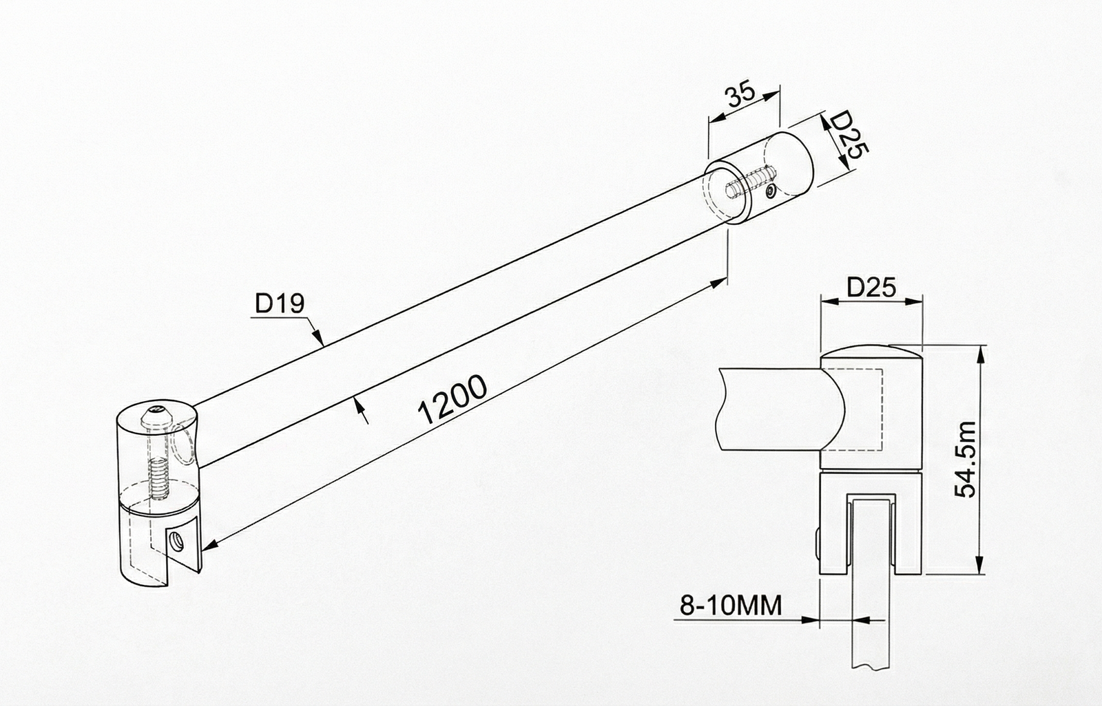 Edelstahl Stabistangen-Set Glas-Wand 90°, Ø 19 mm, für 8-10 mm Glas, Art.Nr. SE1912SET