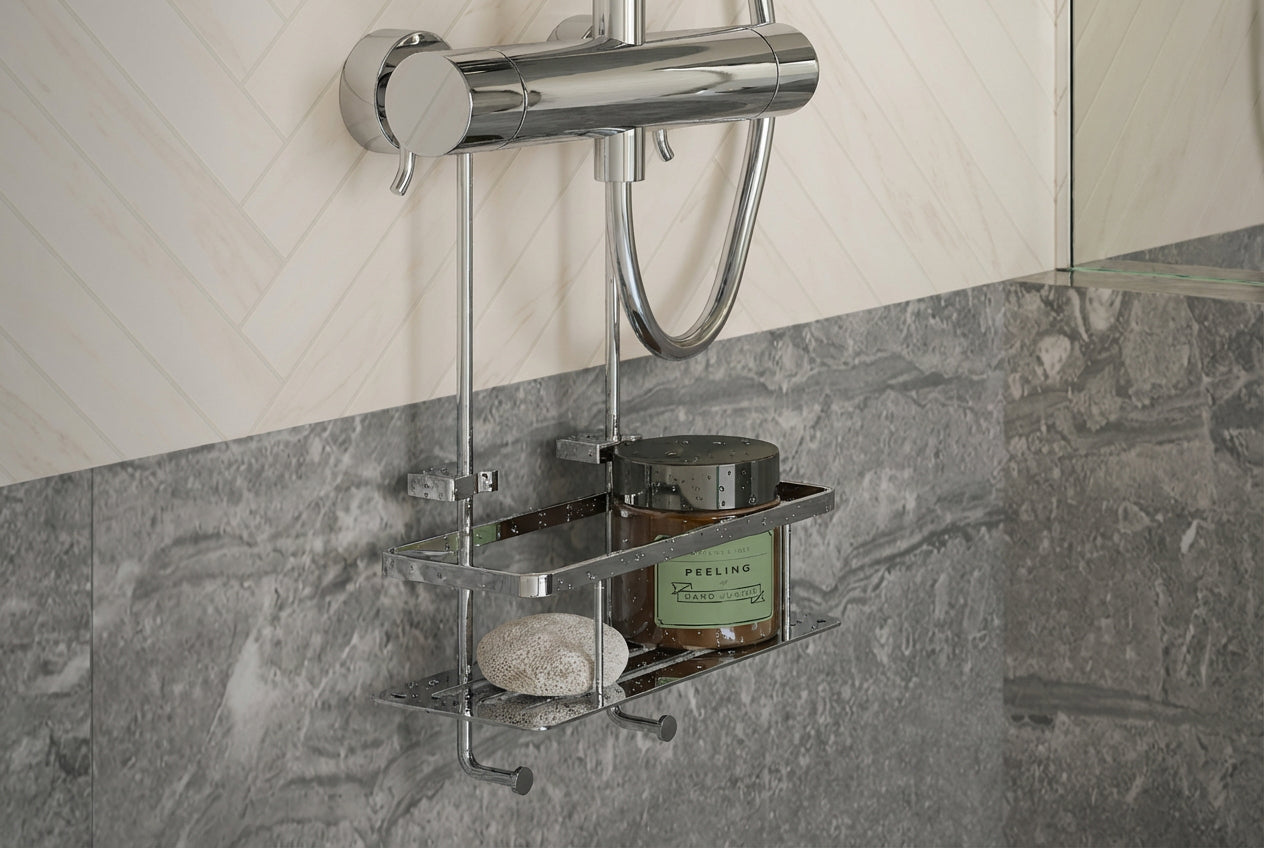 SIDELINE Duschkorb an Aufputz-Armatur, 250 × 100 mm, Chrom poliert oder Schwarz