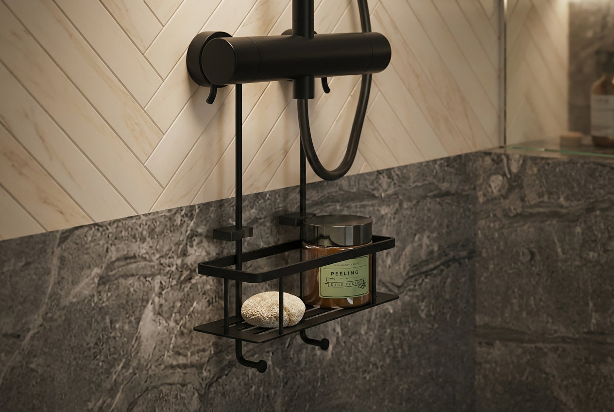 SIDELINE Duschkorb an Aufputz-Armatur, 250 × 100 mm, Chrom poliert oder Schwarz