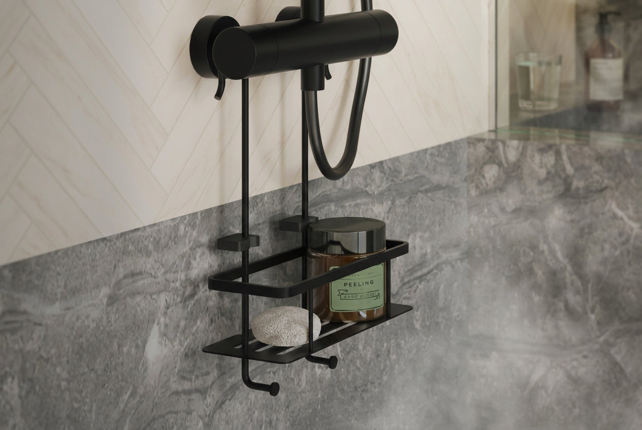 SIDELINE Duschkorb an Aufputz-Armatur, 250 × 100 mm, Chrom poliert oder Schwarz