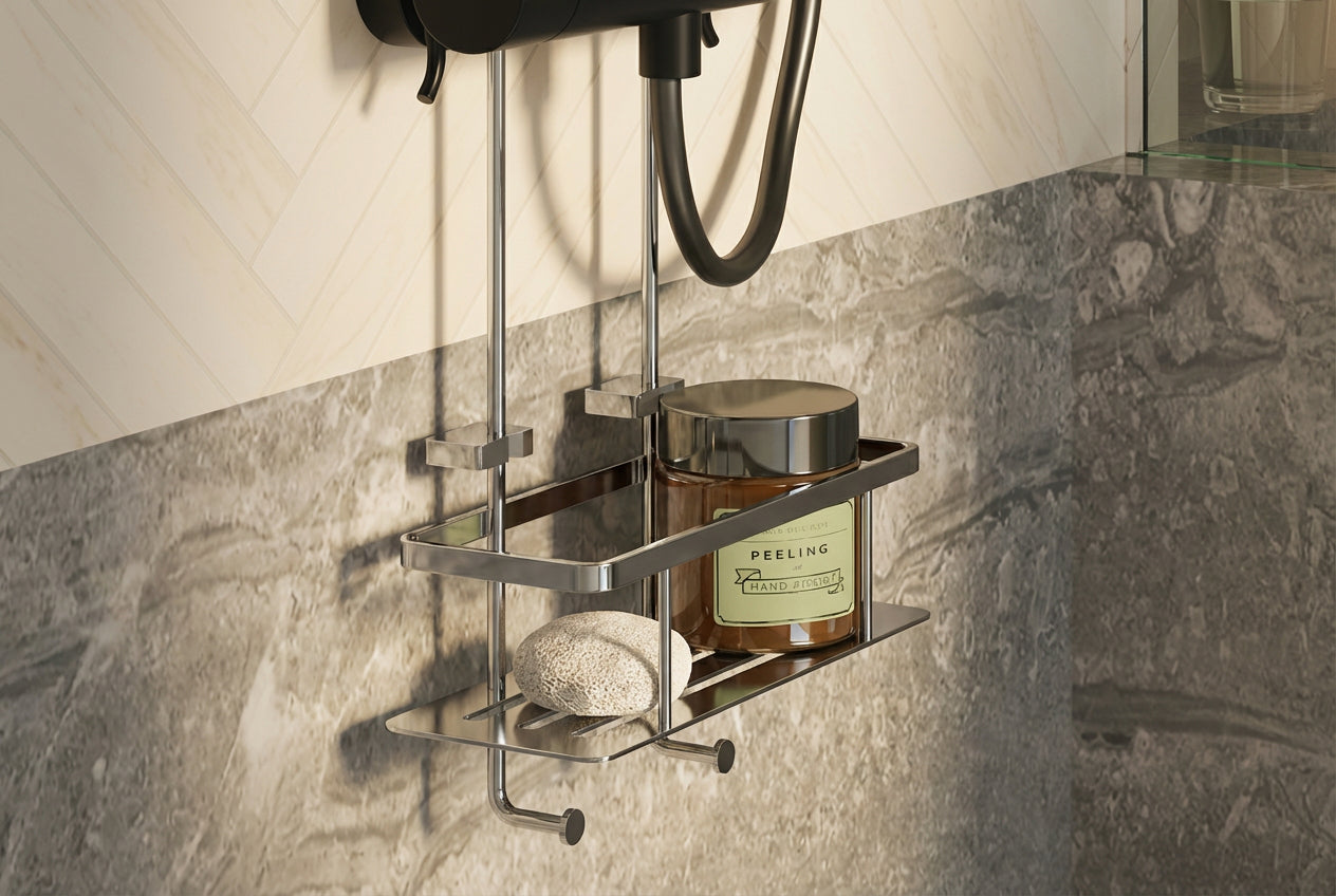 SIDELINE Duschkorb an Aufputz-Armatur, 250 × 100 mm, Chrom poliert oder Schwarz