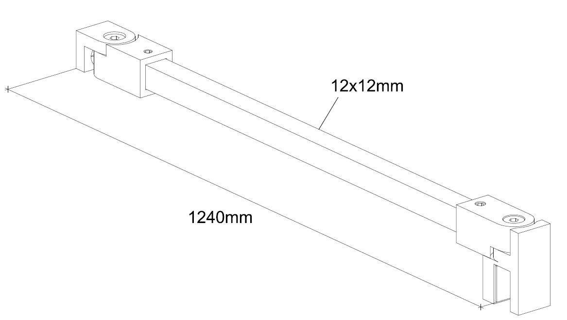 3D-Aufbauskizze Stabistangen-Set eckig 12 mal 12 mm: Wand- und Glashalter mit Klemmaufnahme, Stange in Gesamtlänge 1240 mm, eckiger Vierkantquerschnitt klar erkennbar