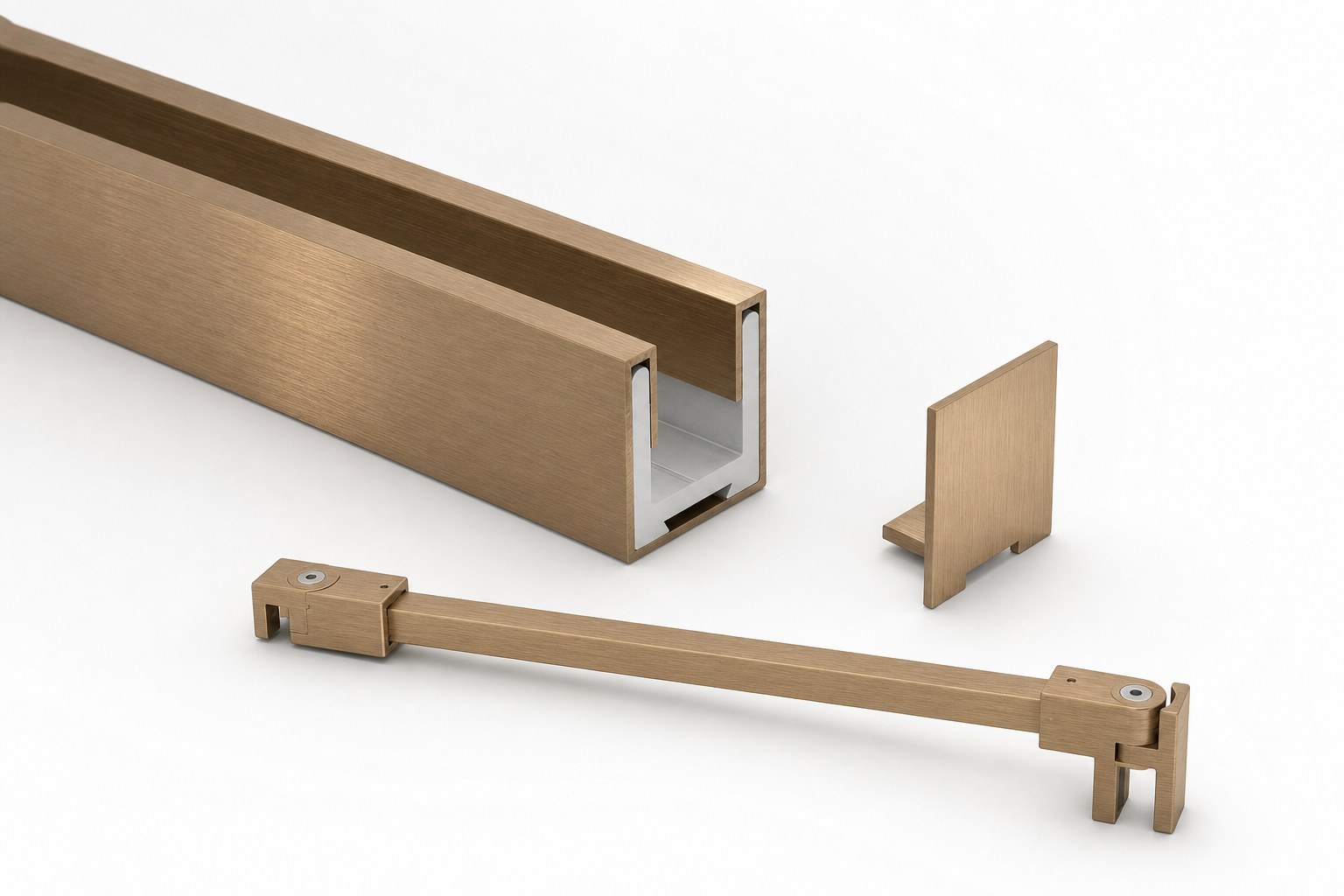 Komplett-Set Bronze matt gebürstet für feststehende Glasdusche, Stabilisierungsstange eckig 12×12 mm und U-Profil mit Edelstahlmantel, für 8 mm Glas, Art.Nr. SET-SQ1212-BEL-GBZ