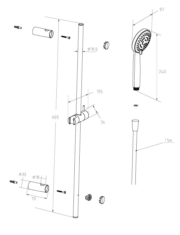 VIGOUR Brausegarnitur V1 | 60 cm Wandstange | 3 Strahlarten | Antikalk | Chrom