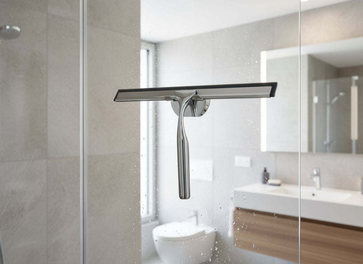 Vigour Duschwischer mit Wandhalterung verchromt – Silikonlippe hellgrau & Edelstahl-Schiene – Art.Nr. V3DW