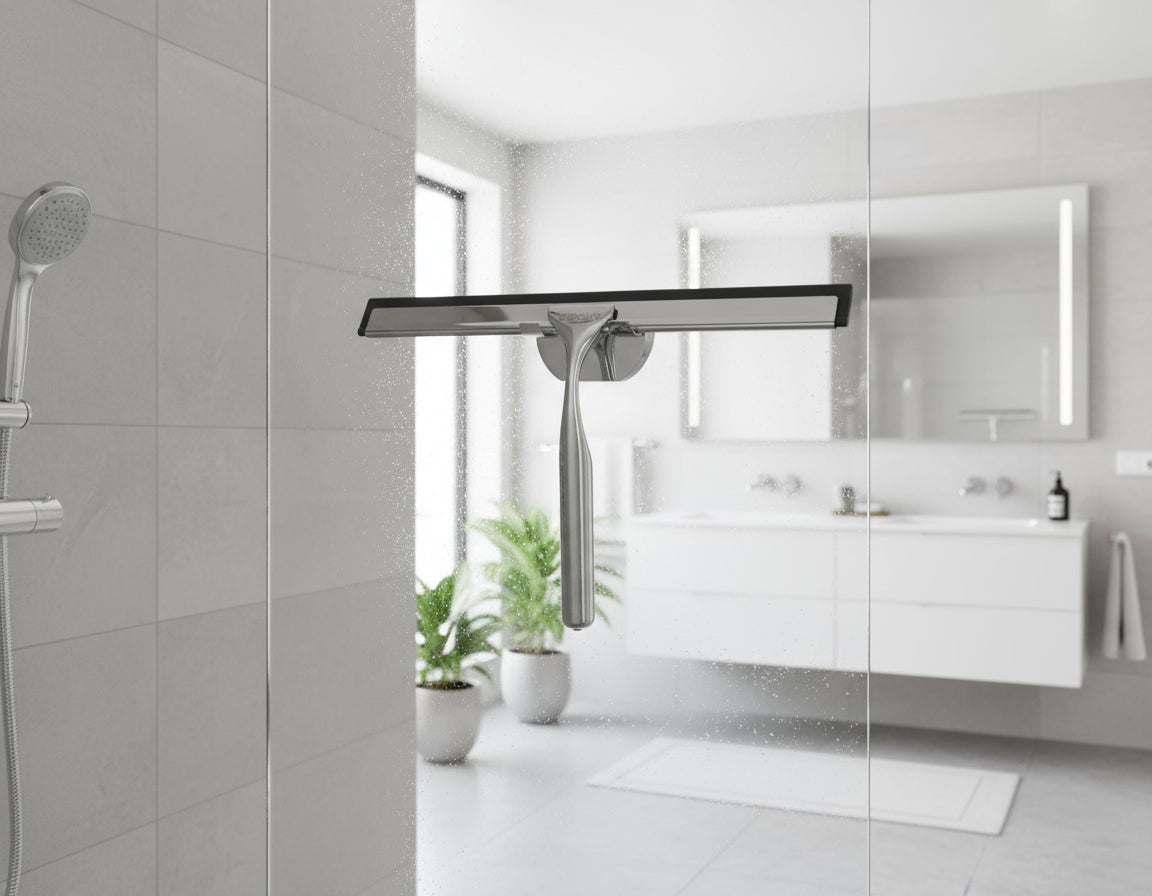 Vigour Duschwischer mit Wandhalterung verchromt – Silikonlippe hellgrau & Edelstahl-Schiene – Art.Nr. V3DW