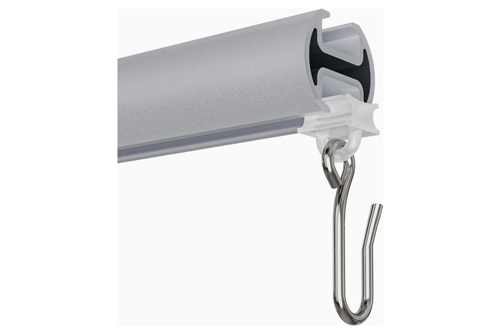 Querschnitt der Aluminium-Duschvorhangstange L-Form: 20-mm-Profil mit zwei Innenschienen, unten ein Gleiter mit Edelstahlhaken