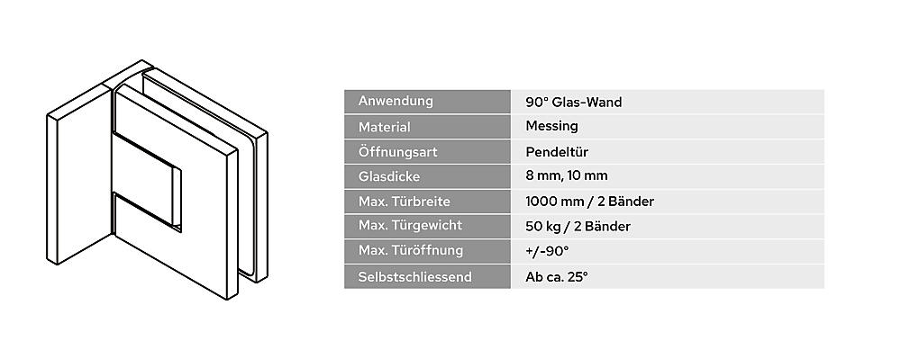 Bellagio Pendeltürband 90° Glas-Wand BEL344 – 50 kg, 8/10 mm ESG, 11 Oberflächen