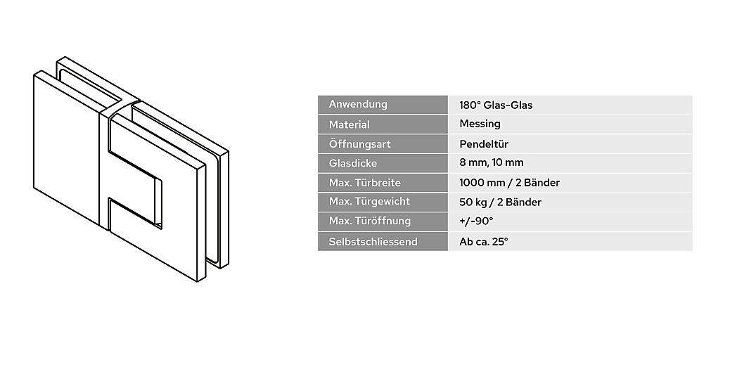Bellagio Pendeltürband 180° Glas-Glas BEL380 – 50 kg, 8/10 mm ESG, 11 Oberflächen