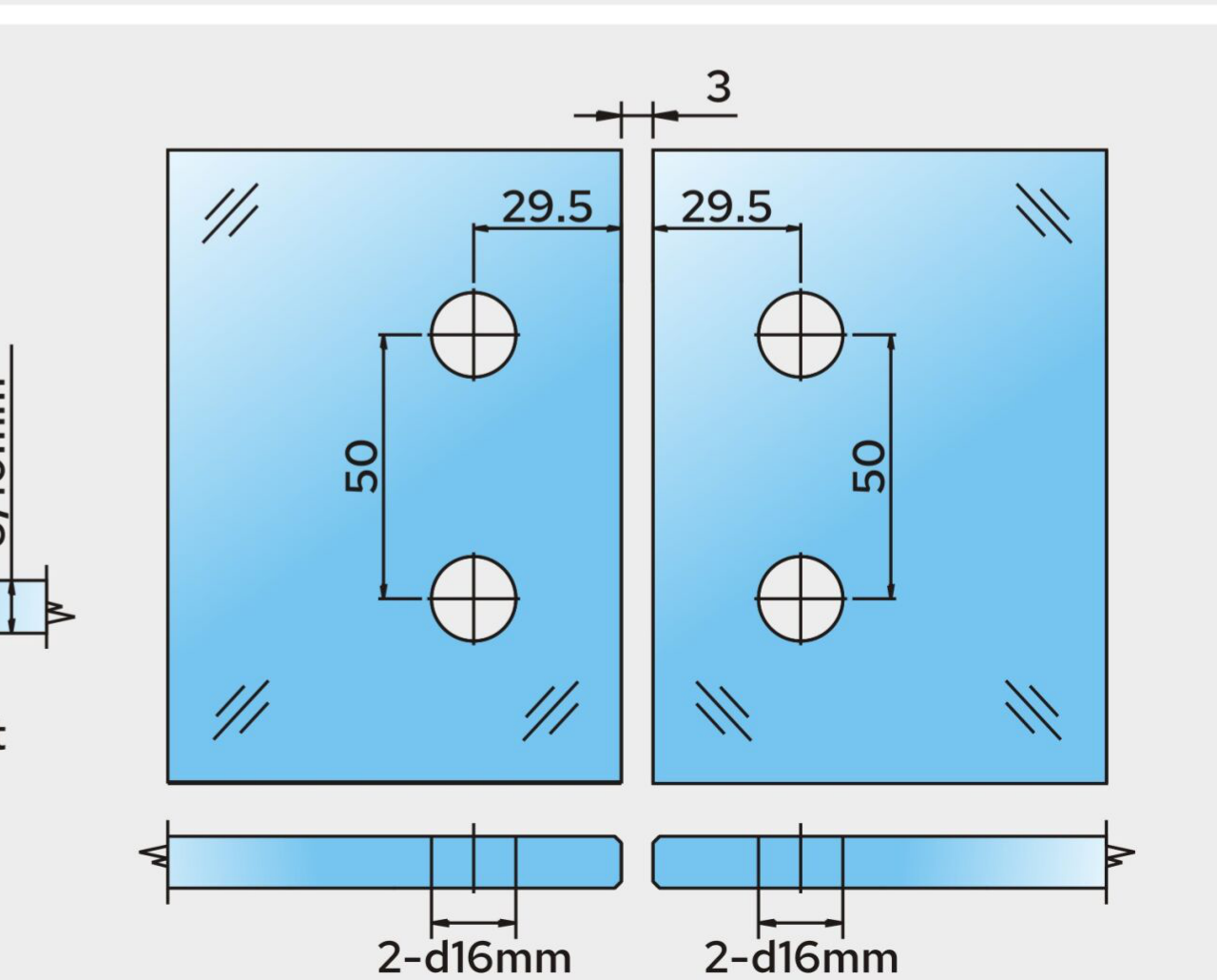 Bohrbild COMO COM180 ohne Dichtung: beide Scheiben je 2x Bohrung Ø 16 mm, Randabstand 28 mm, Lochabstand 50 mm