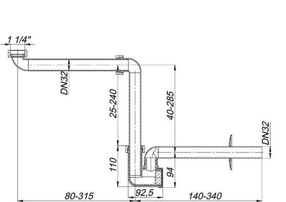 Maßzeichnung Raumspar-Siphon mit Verstellbereichen Auslauf 25 bis 240 Millimeter und Wandanschluss 80 bis 315 Millimeter, Bautiefe 92,5 Millimeter