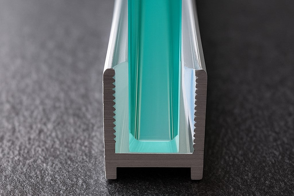 Alu U-Profil mit L-Vinyl und Kederstab, silikonfreie Befestigung für 8 oder 10 mm Glas – Art.Nr. DUC