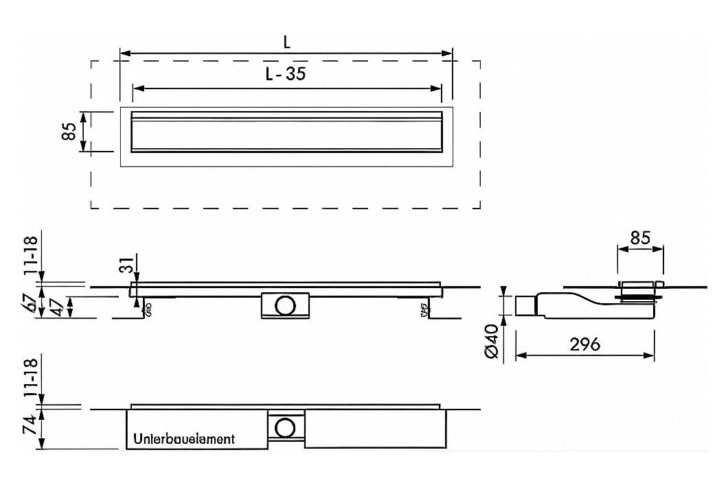 Maßzeichnung FORMAT Tec Flex-W Duschrinne mit Einbaumaßen für beide Sperrwasserhöhen