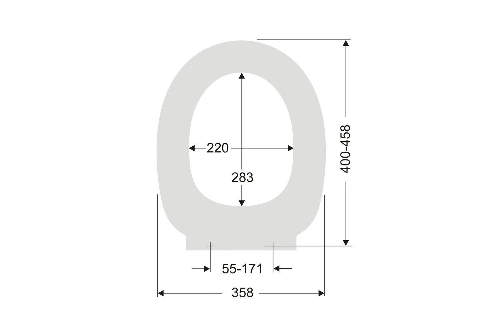 Maßzeichnung FORMAT Basic 2.0 WC-Sitz oval: 358 mm breit, Länge 400-458 mm, Lochabstand 55-171 mm