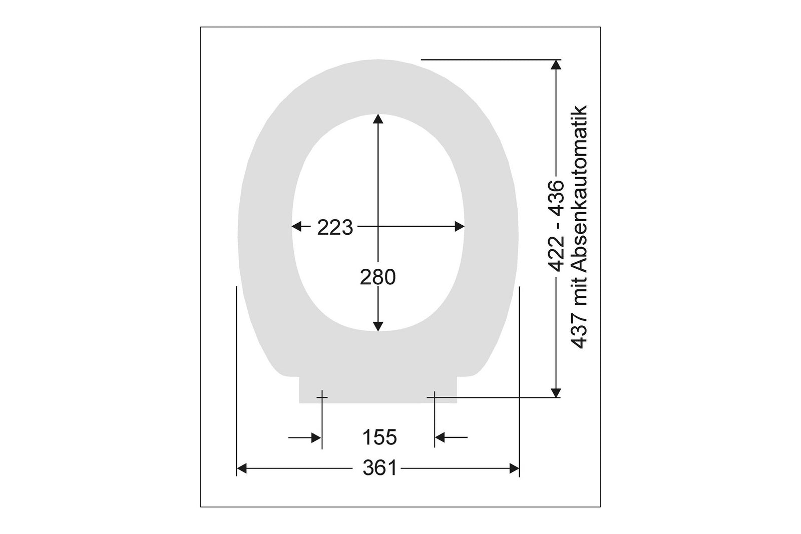 Maßzeichnung FORMAT Basic 2.0 WC-Sitz oval: 361 mm breit, Länge 422-437 mm, Lochabstand 155 mm