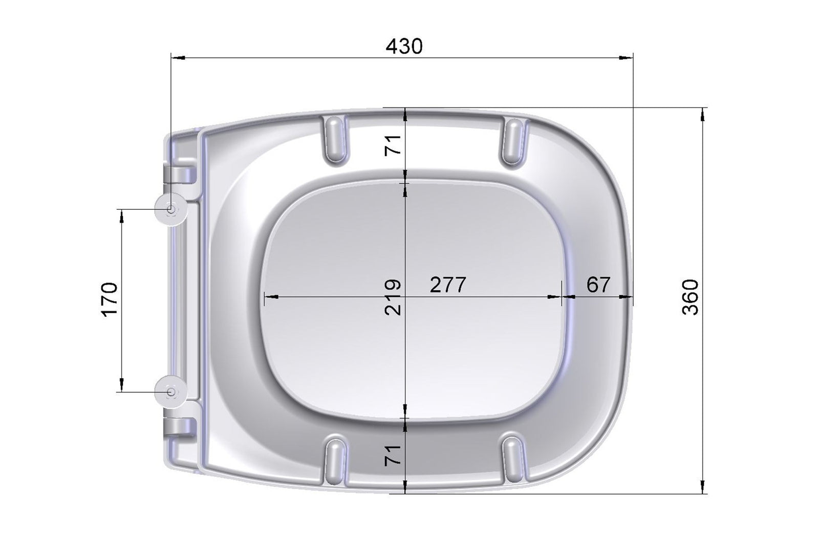 Maßzeichnung FORMAT Basic 2.0-D WC-Sitz: 360 mm breit, 430 mm lang, Lochabstand 170 mm