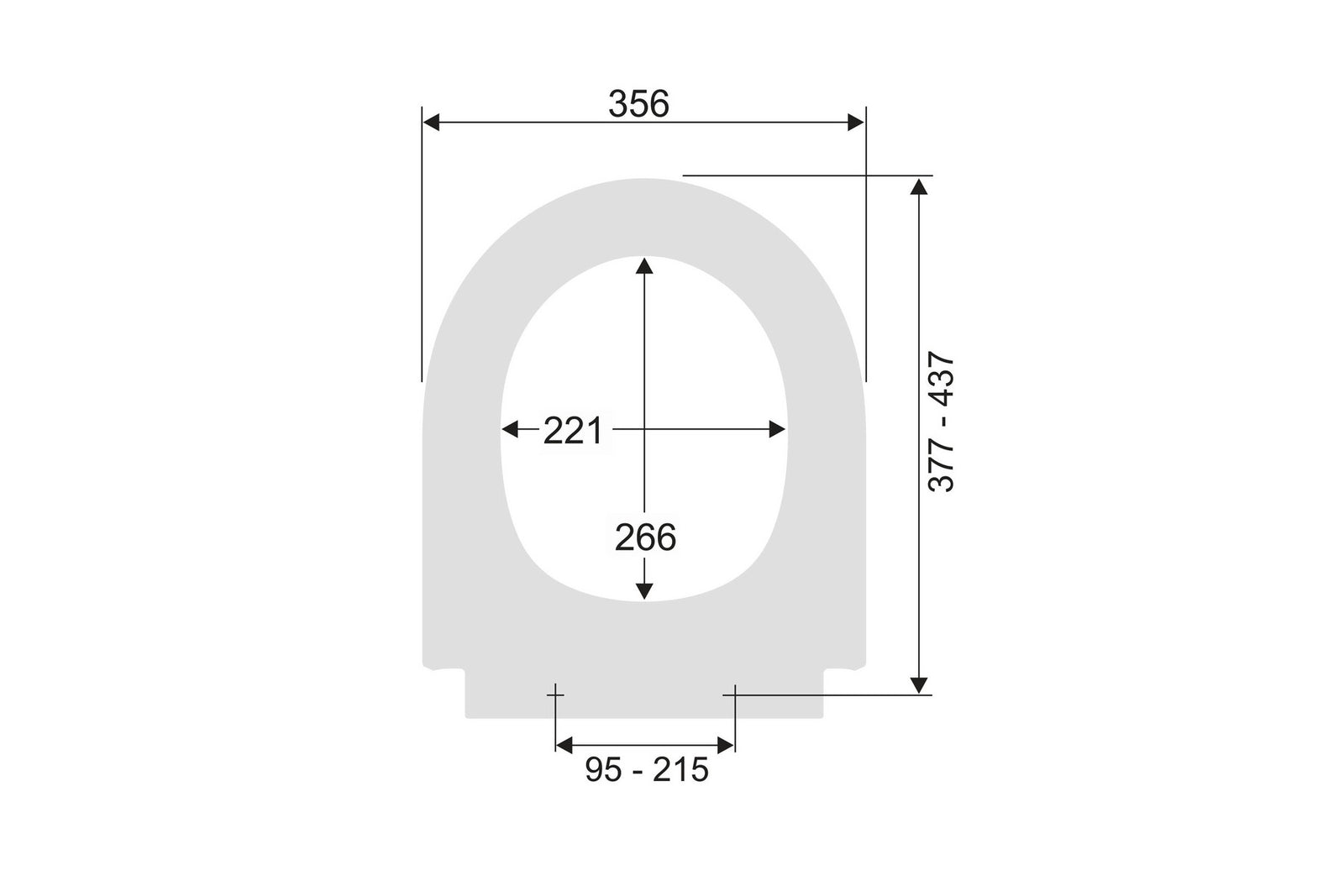 Maßzeichnung FORMAT Design 3.0 WC-Sitz: 356 mm breit, Länge 377-437 mm, Lochabstand 95-215 mm