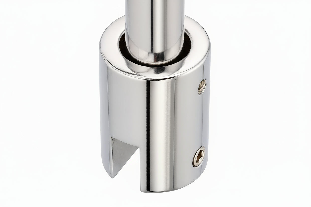 Senkrechter Glashalter für Stabilisierungsstange Ø 19 mm – Deckenmontage, 6-8 mm oder 10-12 mm Glas