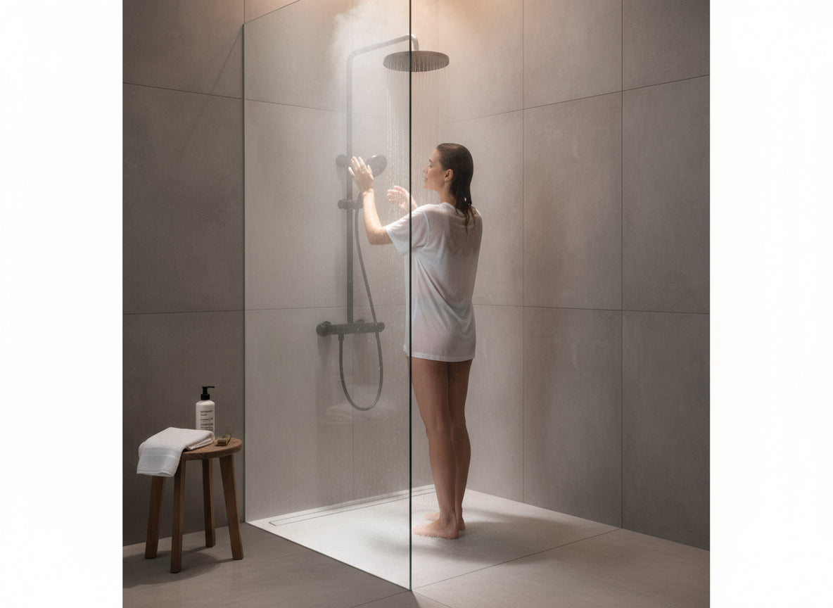 Brause-Set mit Thermostat-Mischbatterie – XXL-Regenbrause Ø 250 mm, 3-fach Handbrause, Glasablage – Schwarz matt oder Chrom