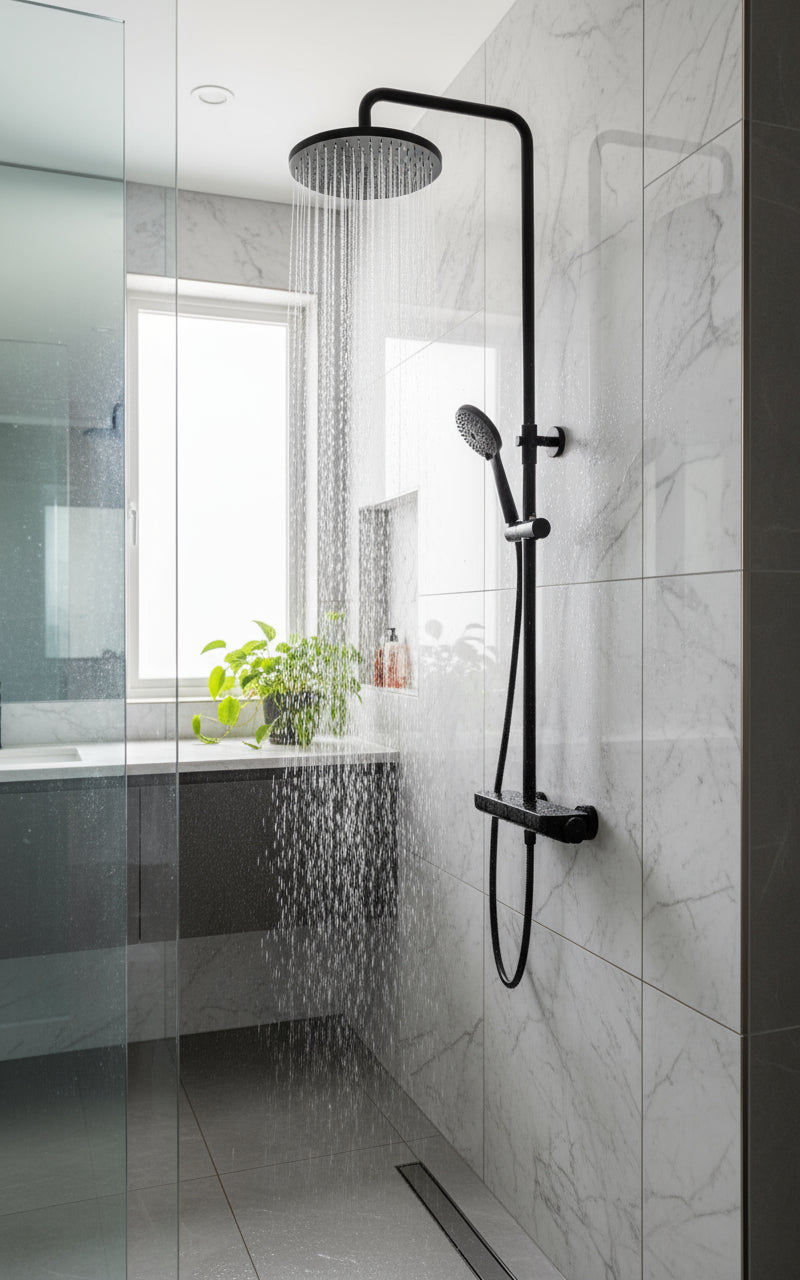 Brause-Set mit Thermostat-Mischbatterie – XXL-Regenbrause Ø 250 mm, 3-fach Handbrause, Glasablage – Schwarz matt oder Chrom
