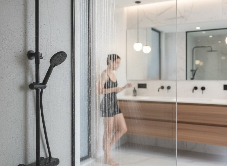 Brause-Set mit Thermostat-Mischbatterie – XXL-Regenbrause Ø 250 mm, 3-fach Handbrause, Glasablage – Schwarz matt oder Chrom