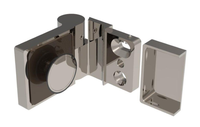 Lugano Scharnier Glas-Wand 90° mit Hebe-Senk-Funktion – 8-10 mm, flächenbündig – Art.Nr. LUG044