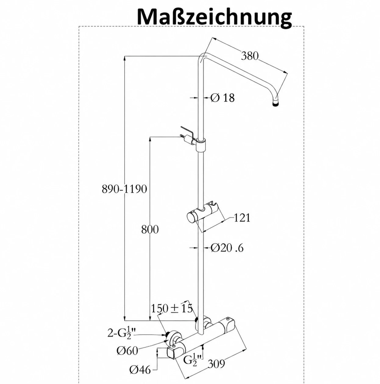 Maßzeichnung Vigour V2 Duschsystem: Ausladung Duscharm 380 mm, Höhenverstellung 890 bis 1190 mm, Anschluss G 1/2 Zoll