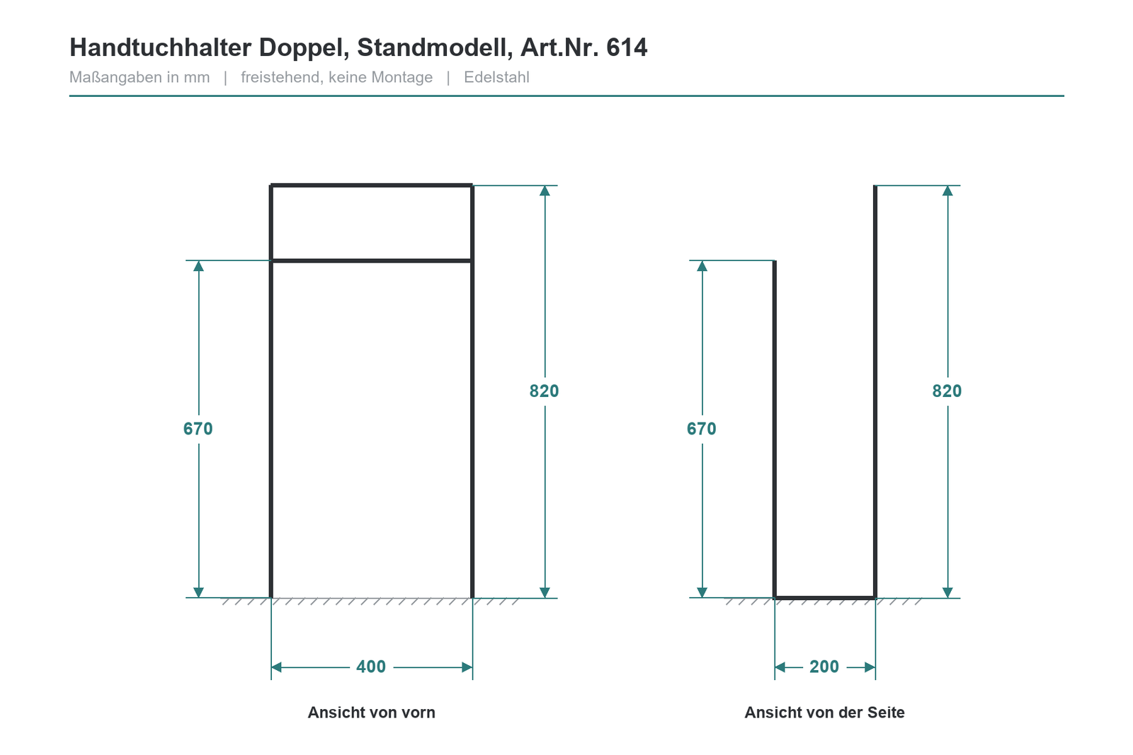 Maßzeichnung Handtuchhalter Doppel Standmodell, Art.Nr. 614, Höhe 820 und 670 mm, Standfläche 400 x 200 mm