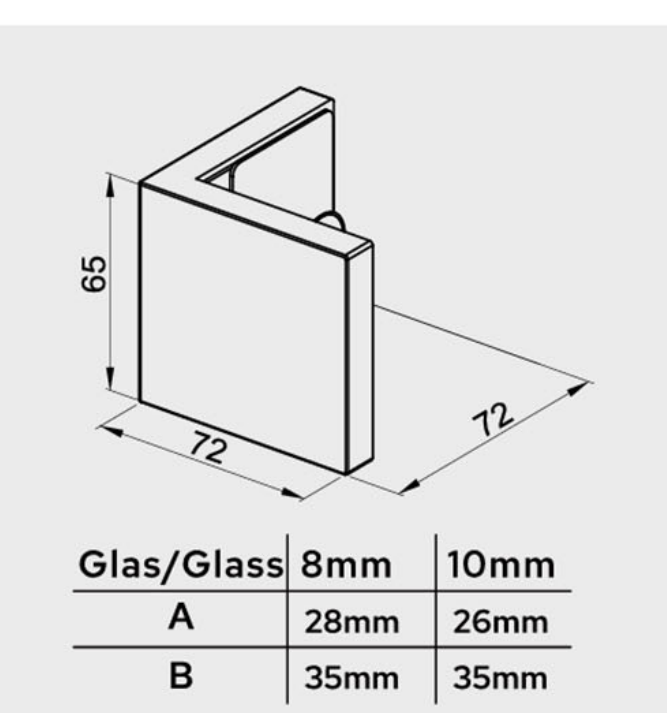 MURELLO Glasverbinder 90° Glas-Glas, Maßzeichnung mit Bohrabständen für 8 und 10 mm Glas, Art.Nr. MUR090