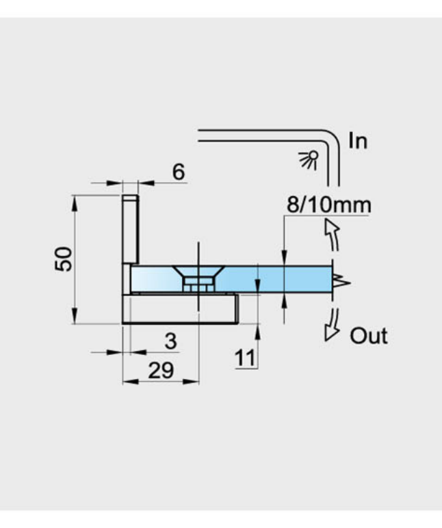 MURELLO Wandverbinder 90° Glas-Wand, Montagezeichnung im Querschnitt für 8 bis 10 mm Glas, Art.Nr. MUR90S