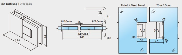Pendeltürband mit Hebe-Senk Funktion 180°, Glas-Glas Scharnier, Typ Nobiallo