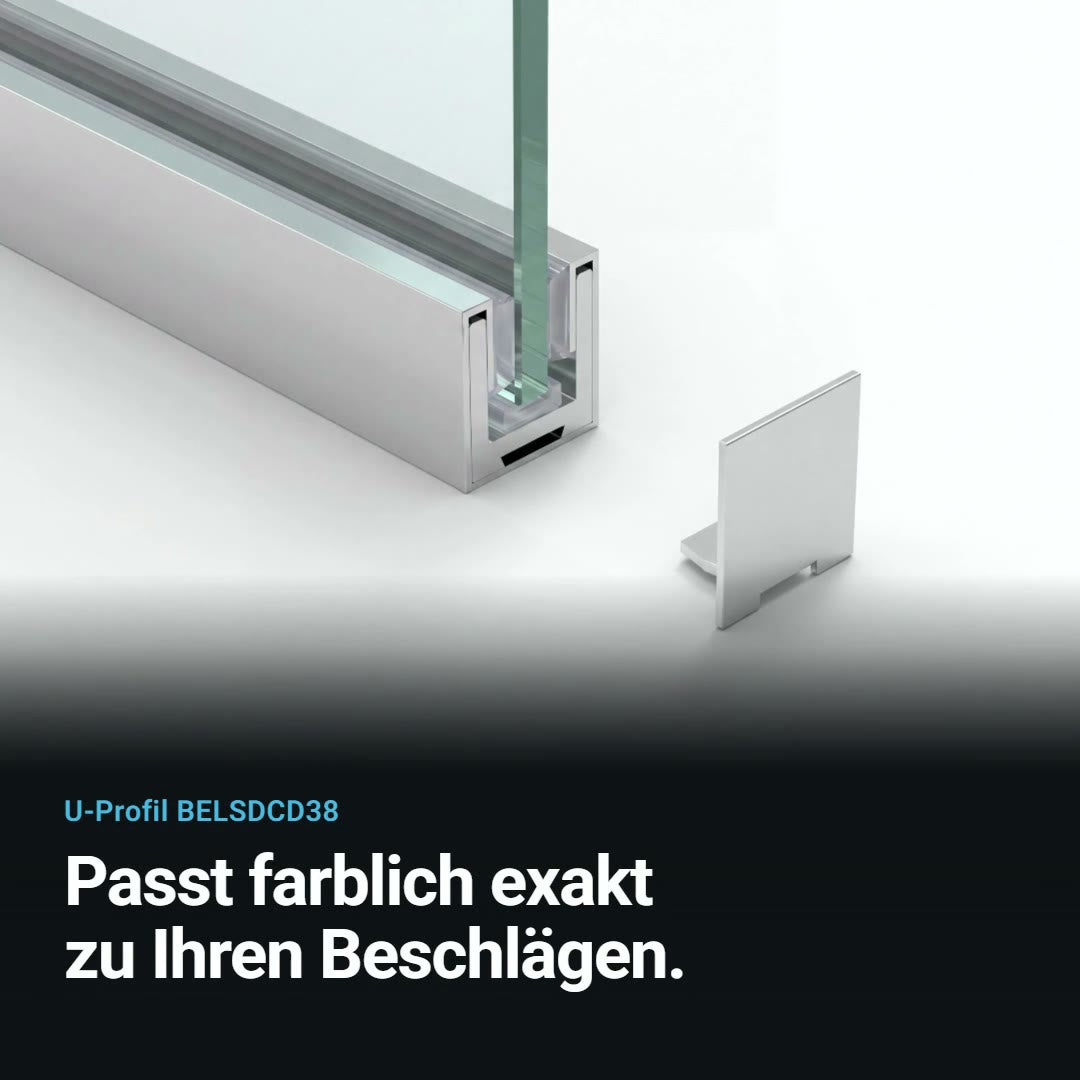 Produktvideo U-Profil mit Edelstahlmantel BELSDCD38 mit Glasscheibe in Chrom, Messing matt, Bronze matt gebürstet und Schwarz matt, Einbauskizze für 8 mm ESG und Farbübersicht