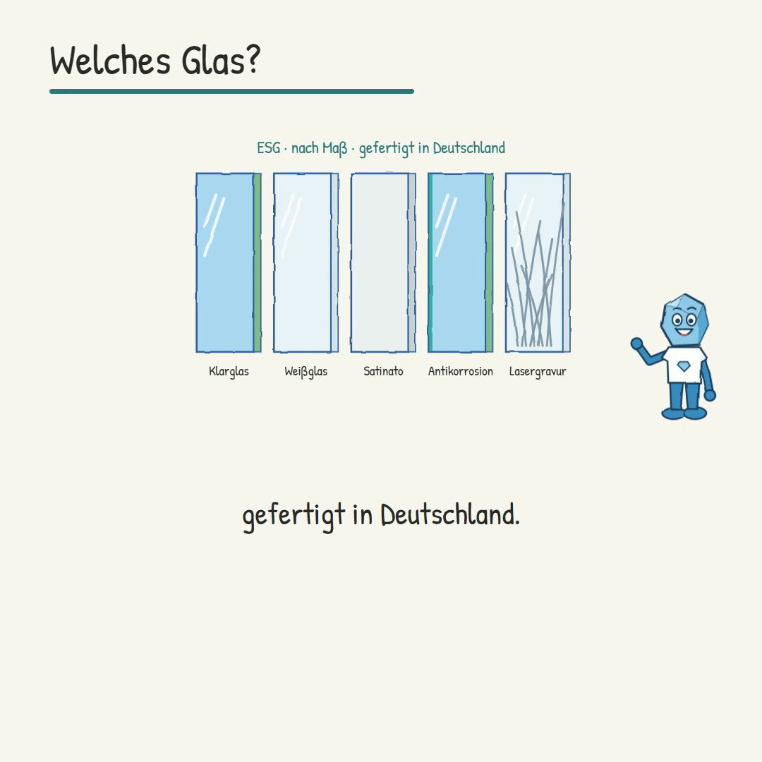 Erklärvideo: Welches Duschglas passt? Klarglas, Weißglas, Satinato, Antikorrosionsglas und Lasergravur im Vergleich