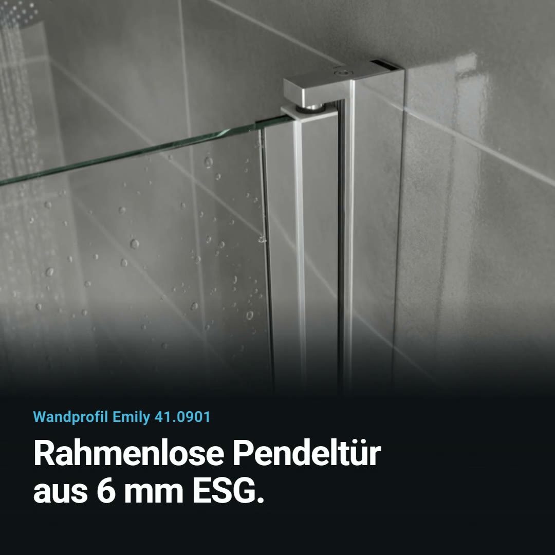 Produktvideo Wandprofil Emily 41.0901: rahmenlose Pendeltür aus 6 mm ESG, Hebe-Senkmechanik ± 4 mm, 180° Pendeltür mit Feststellung bei 90°, vier Oberflächen, Wandausgleich 8 mm