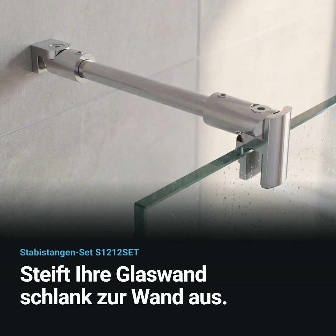 Produktvideo Stabistangen-Set rund Ø 12 mm für Glas-Wand: Wandhalter und Glashalter im Detail, Winkel einstellbar, in Chrom, Schwarz matt, Bronze gebürstet und Messing matt