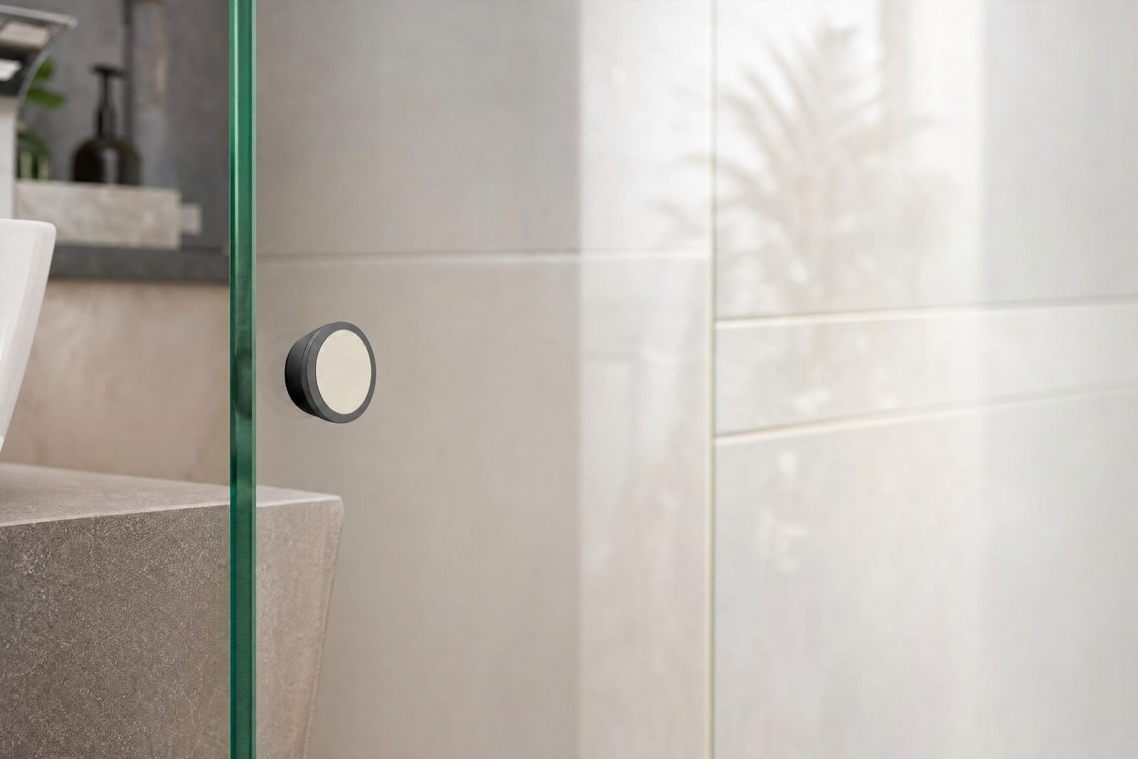 Mini-Punkthalter schwarz hält Glasscheibe flächenbündig an der Wand im Bad