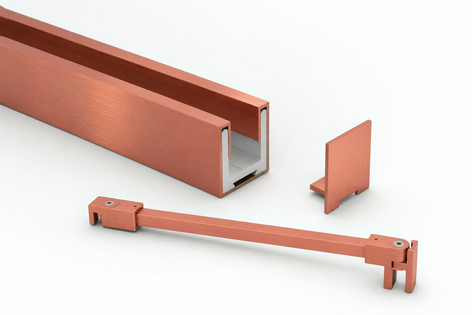 Komplett-Set in Kupfer gebürstet: U-Profil mit Edelstahlmantel, Endkappe und Stabilisierungsstange eckig 12×12 mm