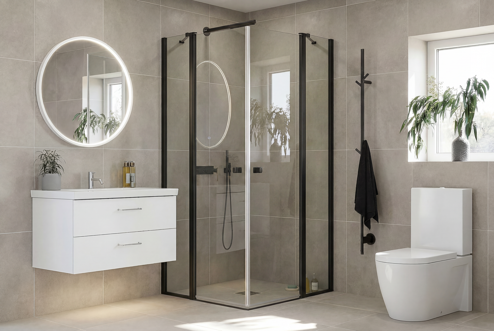 Match Eckdusche mit zwei Falttüren, mattschwarzes Aluminium-Profil und klares 6 mm ESG-Glas