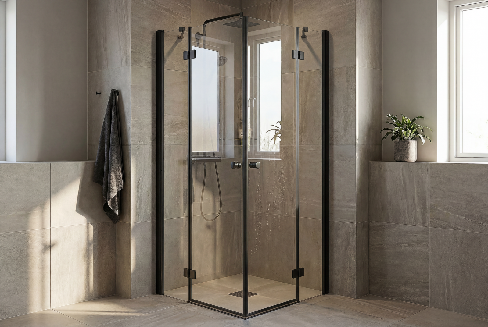Match Eckdusche mit zwei Drehtüren, mattschwarzes Aluminium-Profil und klares 6 mm ESG-Glas