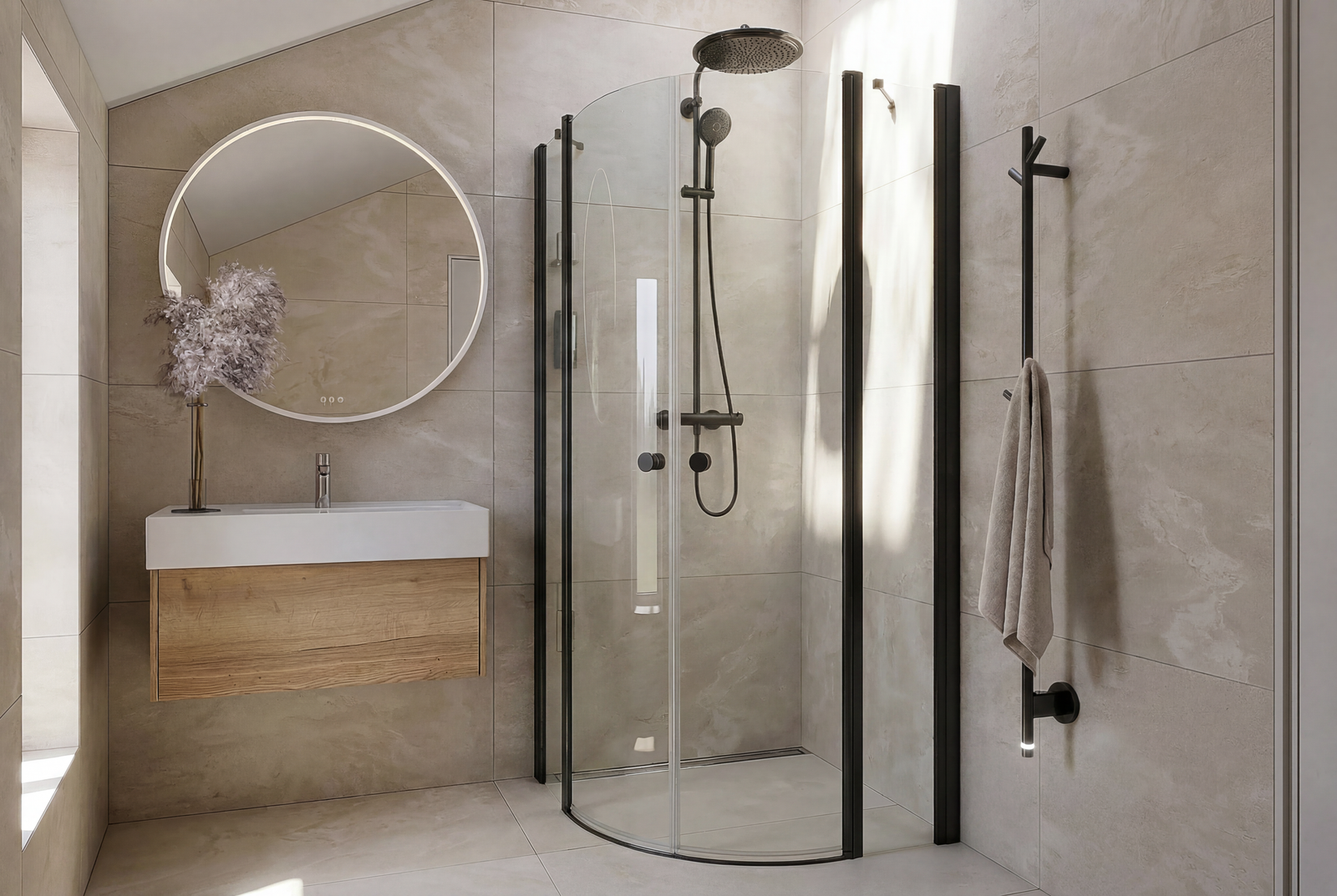 Match Viertelkreis-Dusche mit mattschwarzem Aluminium-Profil und klarem 6 mm ESG-Glas