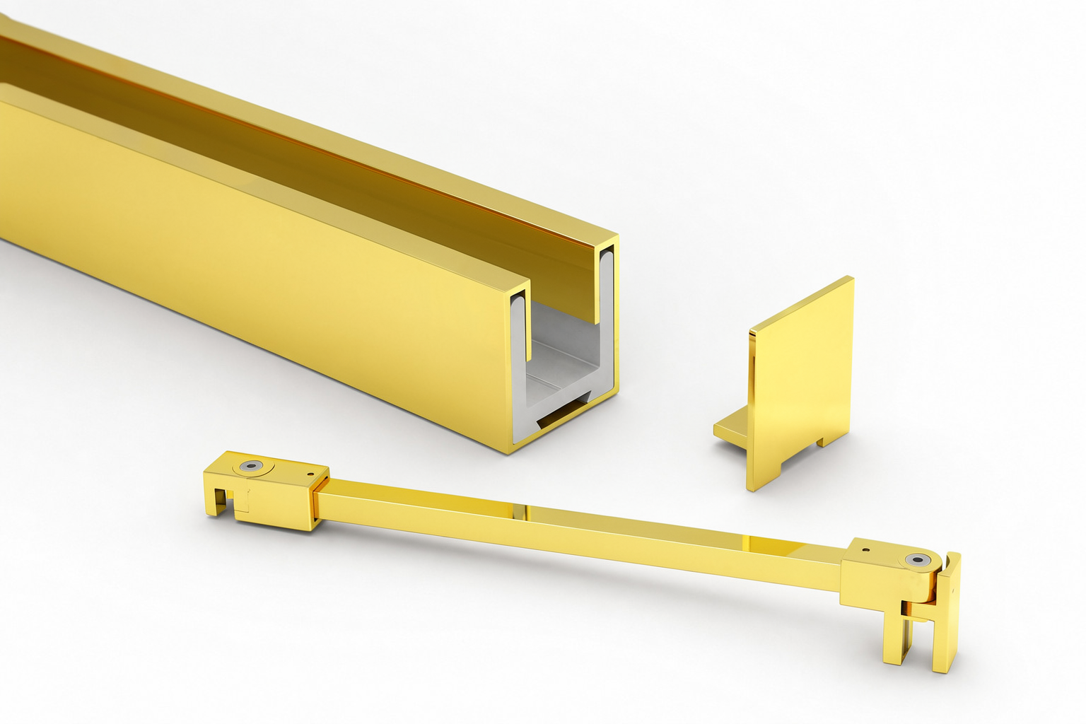 Komplett-Set in Messing poliert: U-Profil mit Edelstahlmantel, Endkappe und Stabilisierungsstange eckig 12×12 mm