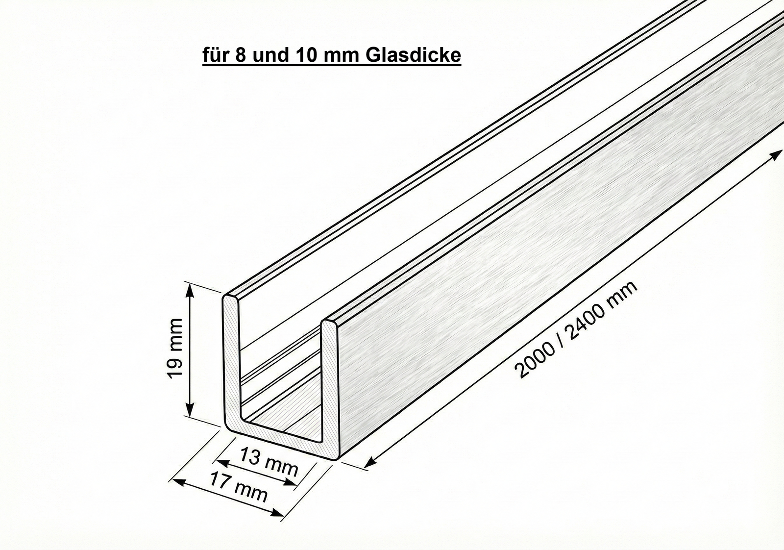 Alu U-Profil SDCD3812 – Silikonverklebung Glasscheibe, 13 Farben