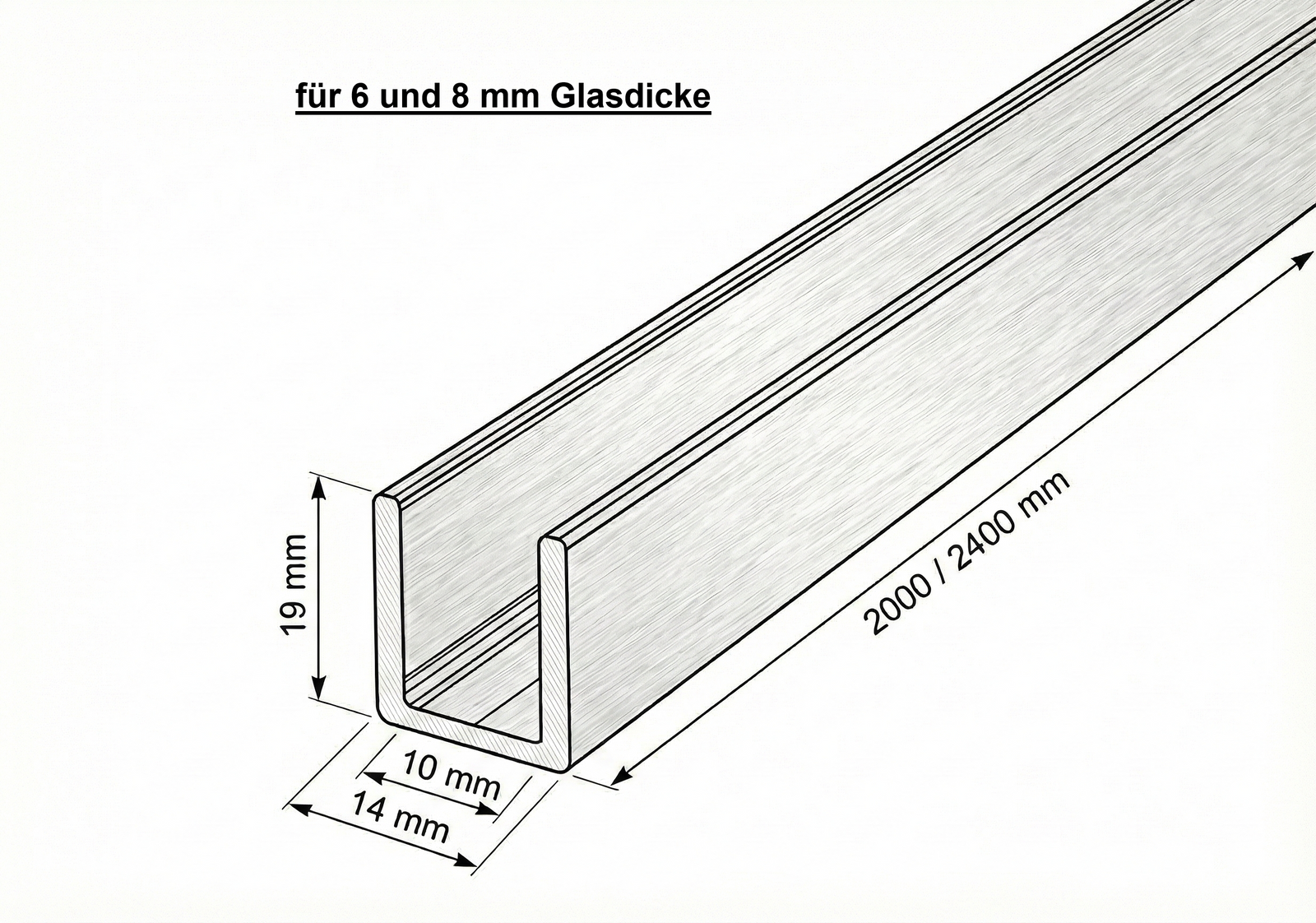 Alu U-Profil SDCD3812 – Silikonverklebung Glasscheibe, 13 Farben