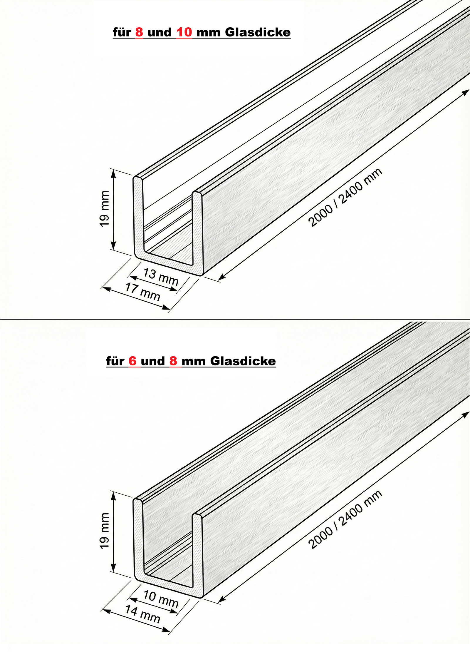 Alu U-Profil SDCD3812 – Silikonverklebung Glasscheibe, 13 Farben