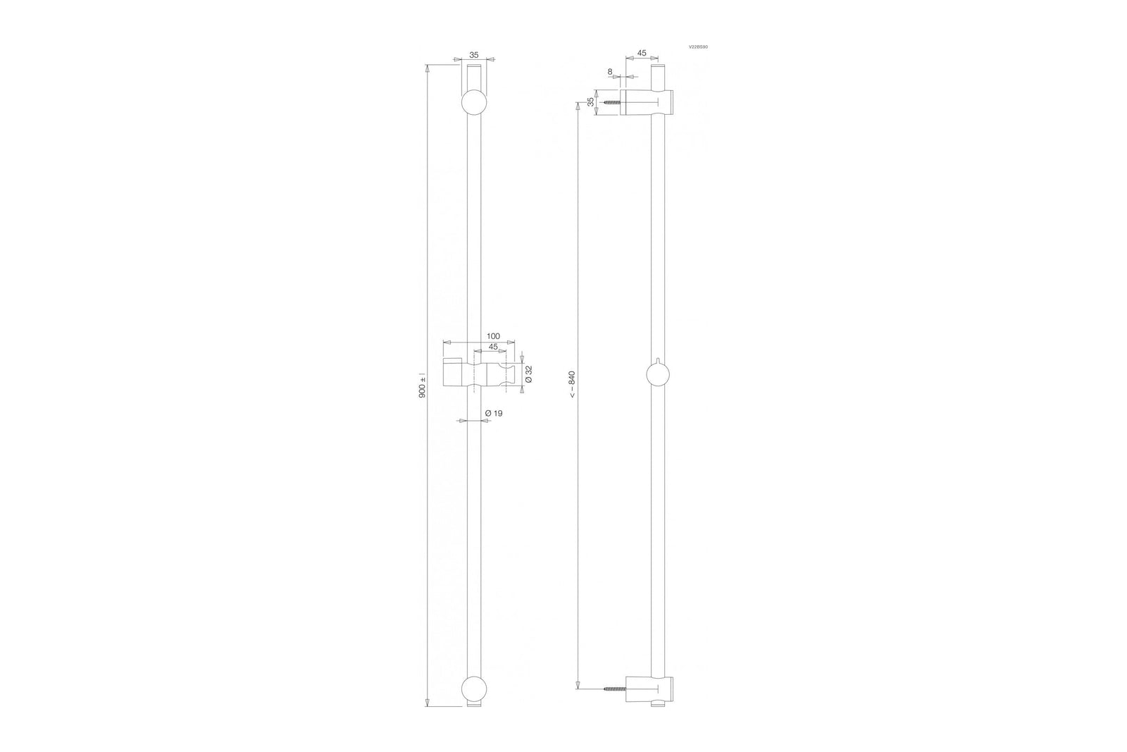 Maßzeichnung Vigour V2 Brausestange 90 cm, Rohr Ø 19 mm, Art.Nr. V22BS90