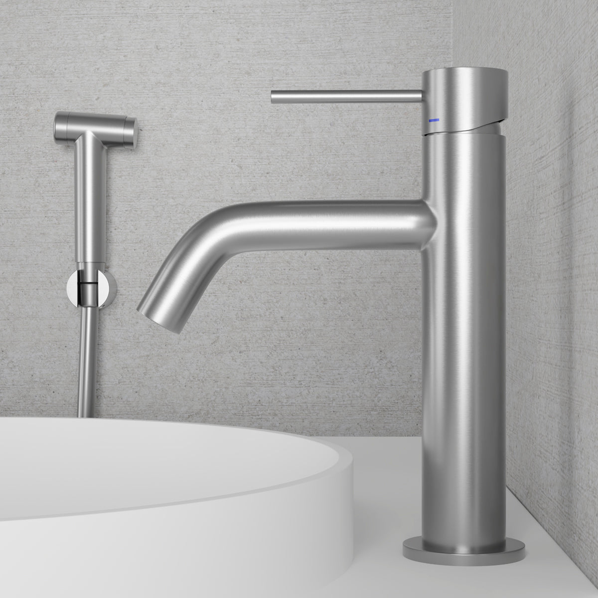 ScandTap Voyage Medium B Waschtischarmatur mit Bidet-Düse, Edelstahl gebürstet, Originalfoto