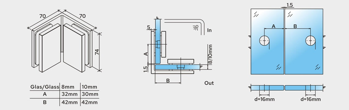 Bellagio Winkelverbinder 90° Glas-Glas BEL090 – Messing, 8/10 mm ESG