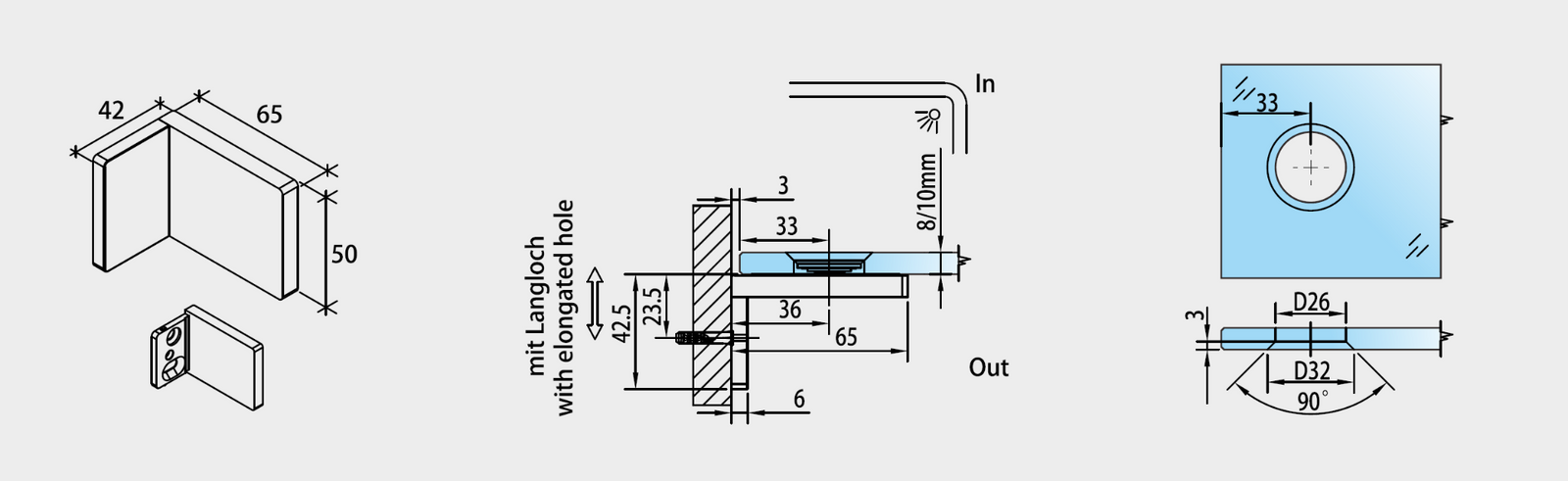 Lugano LU90SA Bohrzeichnung mit Senkbohrung 25/32 mm und Abzugsmaß 3 mm